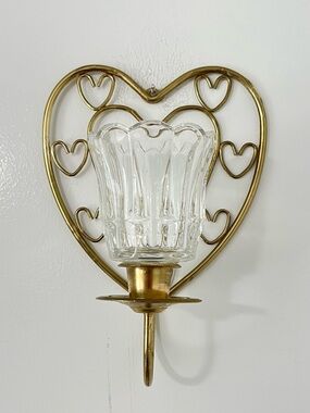 VTG Homco MCM Brass Tone Heart Candle Holder Wall Sconce w/ Votive Cup